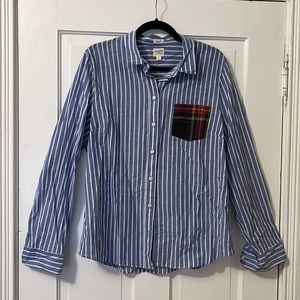 J.Crew Factory Blue & White Stripes Button Down with Patchwork Pocket